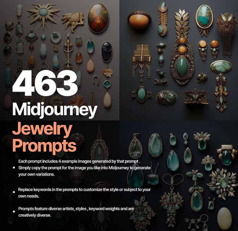 460+专业Midjourney珠宝摄影AI提示词戒指，项链-耳环-手链-宝石等，立即开始创作珠宝艺术