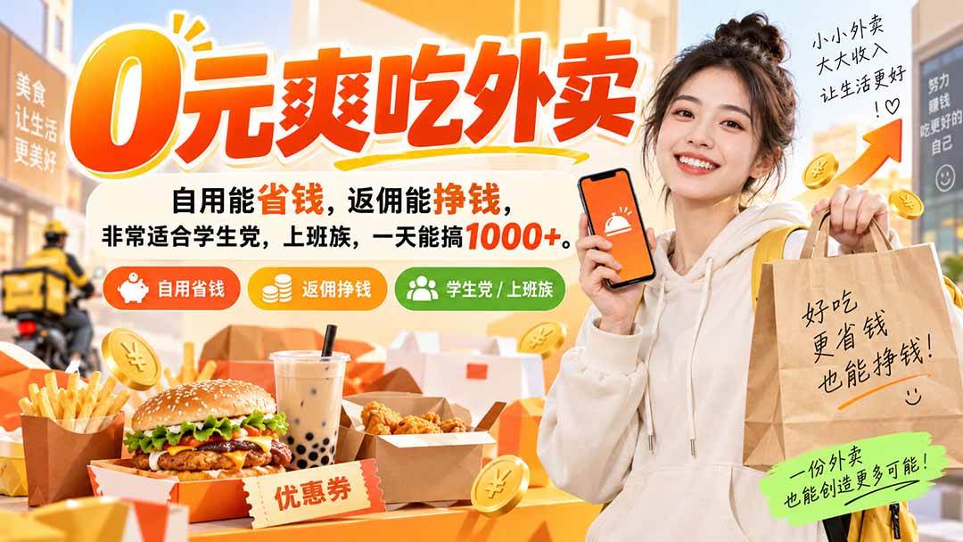 （20309期）0元爽吃外卖，自用能省钱，返佣能挣钱，非常适合学生党，上班族，一天能搞1000+-星辰网创 - 网创副业项目资源站