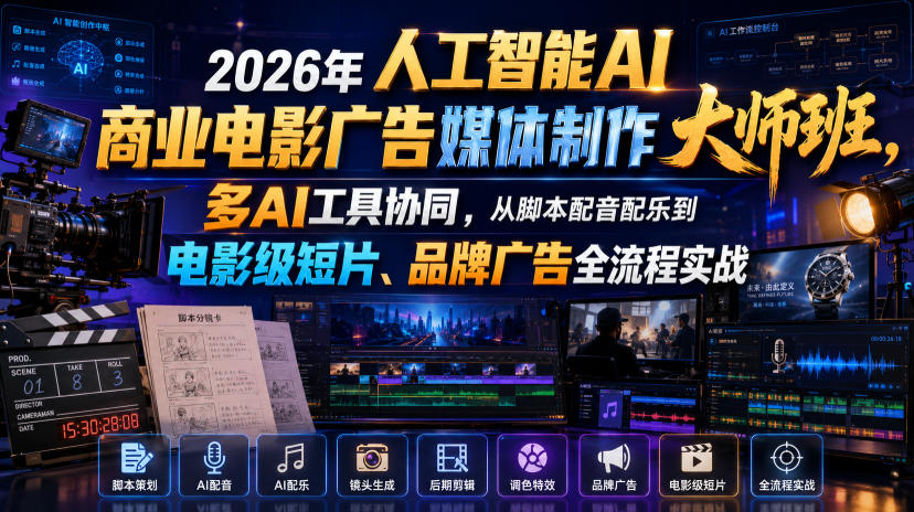 2026年人工智能AI商业电影广告媒体制作大师班,多AI工具协同,从脚本配音配乐到电影级短片、品牌广告全流程实战(中英字幕)-星辰网创 - 网创副业项目资源站