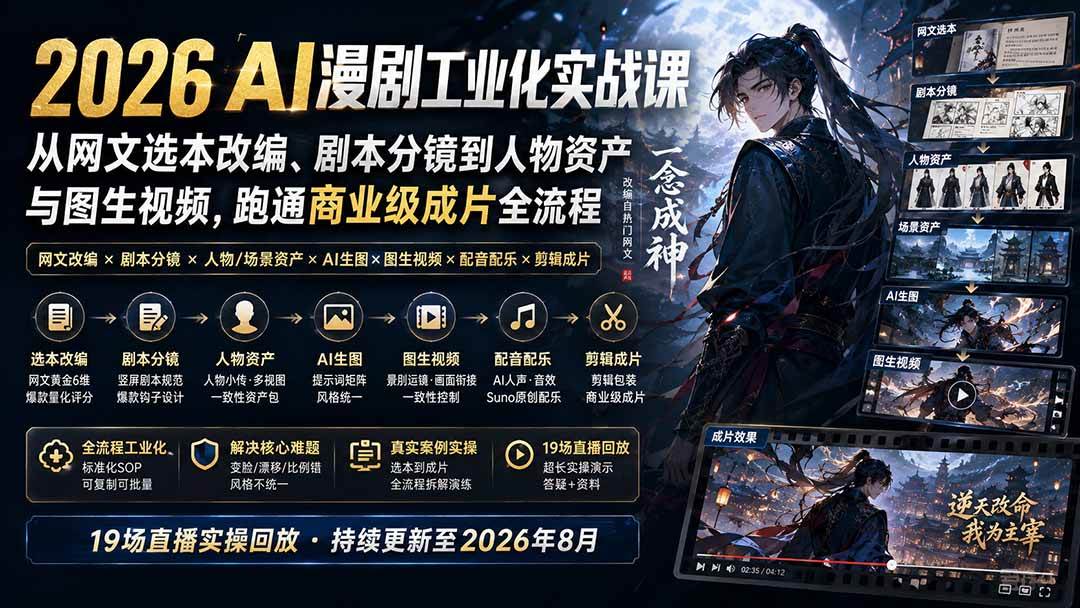 (20068期)2026 AI漫剧工业化实战课-更新:从网文选本改编、剧本分镜到人物资产与图生视频,跑通商业级成片全流程-星辰网创 - 网创副业项目资源站
