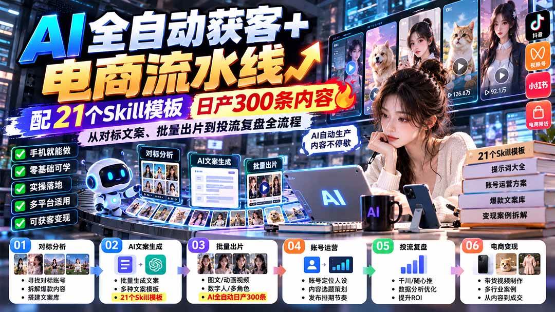 （20701期）【无水印】AI全自动获客+电商流水线-更新0928：配21个Skill模板，日产300条内容，从对标文案、批量出片到投流全流程-星辰网创 - 网创副业项目资源站