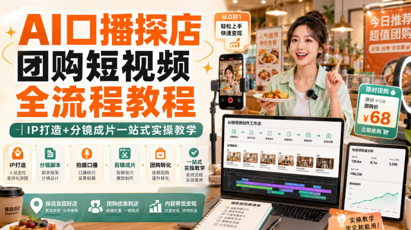 AI口播探店团购短视频全流程教程|IP打造+分镜成片一站式实操教学-星辰网创 - 网创副业项目资源站