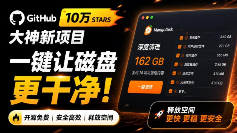 在Gtihub上做出10万stars的大神,又发布新项目了!一键让磁盘更干净,开源免费清理工具MangoDisk-星辰网创 - 网创副业项目资源站
