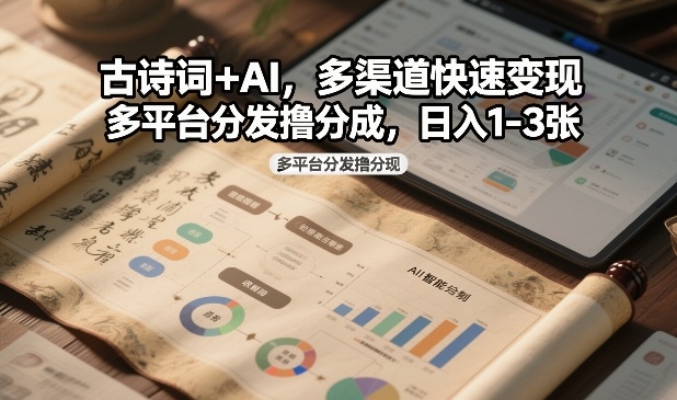 古诗词+AI,多渠道快速变现,多平台分发撸分成,日入1-3张