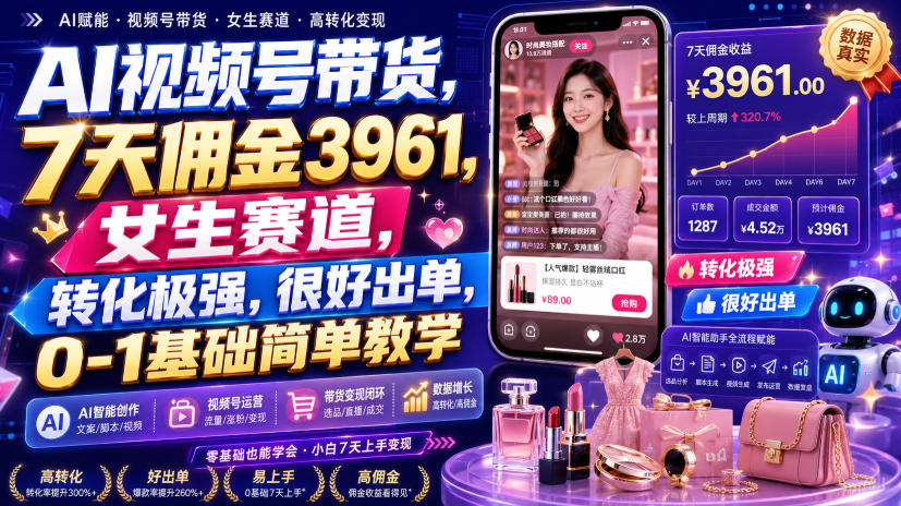AI视频号带货,7天佣金3961,女生赛道,转化极强,很好出单,0-1基础简单教学-星辰网创 - 网创副业项目资源站