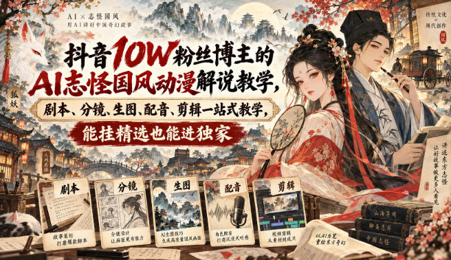 抖音10W粉丝博主的AI志怪国风动漫解说教学,剧本、分镜、生图、配音、剪辑一站式教学,能挂精选也能进独家-星辰网创 - 网创副业项目资源站