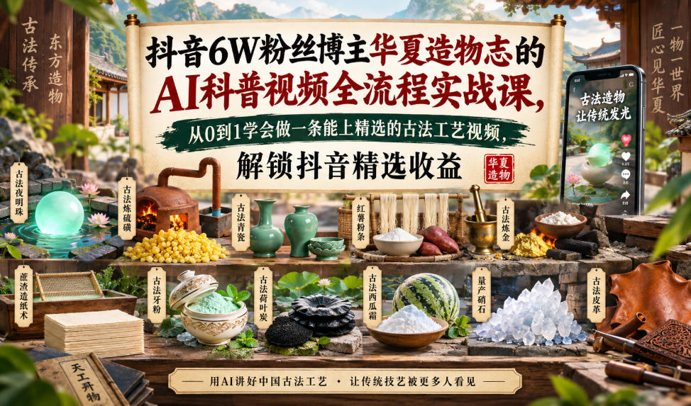 抖音6W粉丝博主华夏造物志的AI科普视频全流程实战课，从0到1学会做一条能上精选的古法工艺视频，解锁抖音精选收益-星辰网创 - 网创副业项目资源站