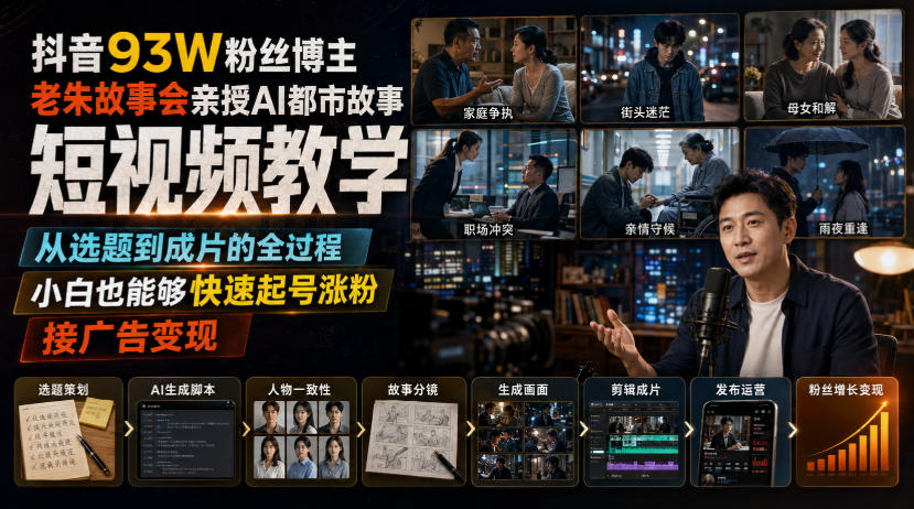 抖音93W粉丝博主老朱故事会亲授AI都市故事短视频教学,从选题到成片的全过程,小白也能够快速起号涨粉接广告变现-星辰网创 - 网创副业项目资源站