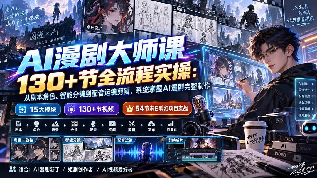 (20326期)AI漫剧大师课130+节全流程实操:从剧本角色、智能分镜到配音运镜剪辑,系统掌握AI漫剧完整制作-星辰网创 - 网创副业项目资源站