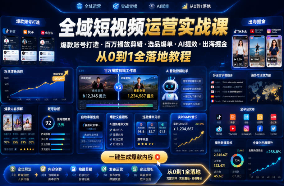 全域短视频运营实战课,爆款账号打造・百万播放剪辑・选品爆单・AI提效・出海掘金,从0到1全落地教程-星辰网创 - 网创副业项目资源站