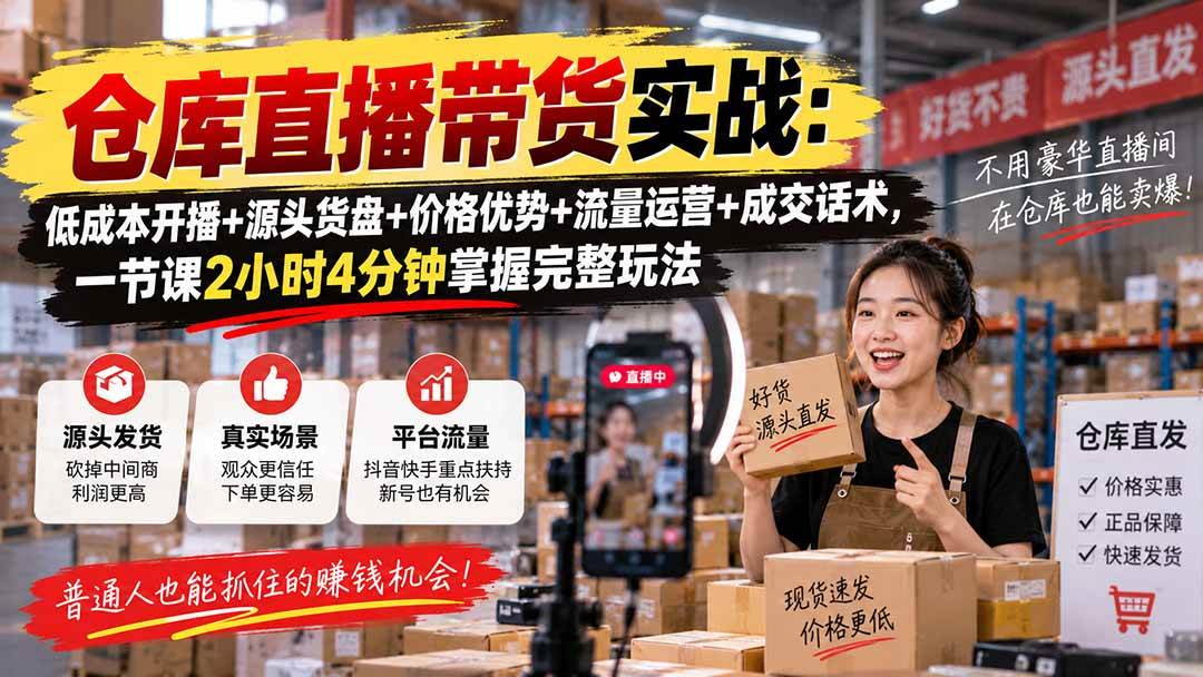 (20471期)仓库直播带货实战:低成本开播+源头货盘+价格优势+流量运营+成交话术,一节课2小时4分钟掌握完整玩法-星辰网创 - 网创副业项目资源站