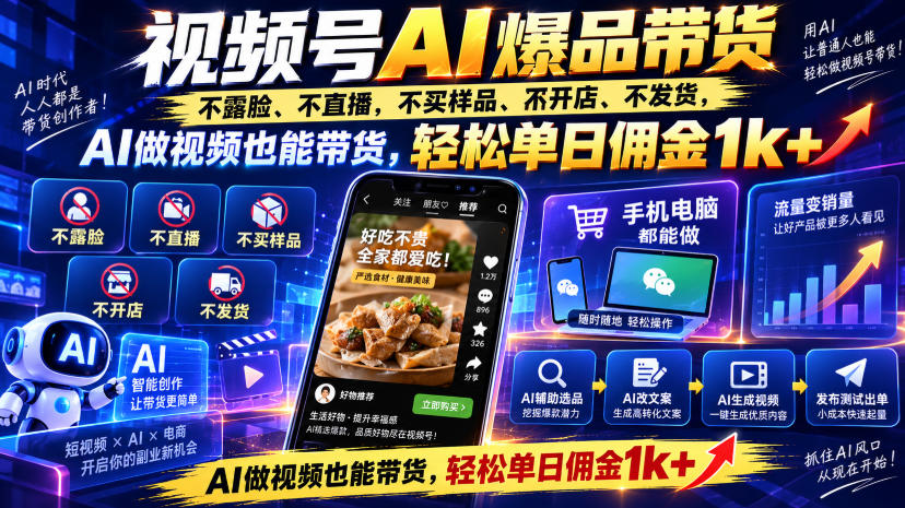 视频号Ai爆品带货,不露脸、不直播、不买样品、不开店、不发货,AI做视频也能带货,轻松单日佣金1k+-星辰网创 - 网创副业项目资源站