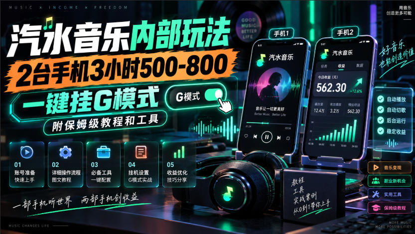 汽水音乐内部玩法,2台手机3小时500-800,一键挂G模式,附保姆级教程和工具【揭秘】-星辰网创 - 网创副业项目资源站