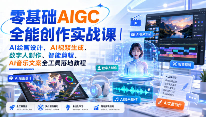 零基础AIGC全能创作实战课|AI绘画设计、AI视频生成、数字人制作、智能剪辑、AI音乐文案全工具落地教程-星辰网创 - 网创副业项目资源站