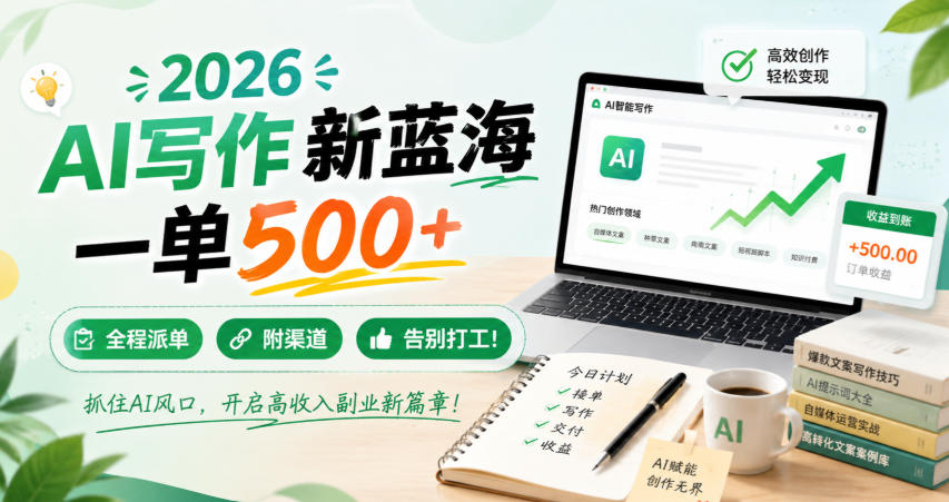 2026 AI写作新蓝海,一单500+,全程派单,附渠道,告别打工!【揭秘】-星辰网创 - 网创副业项目资源站