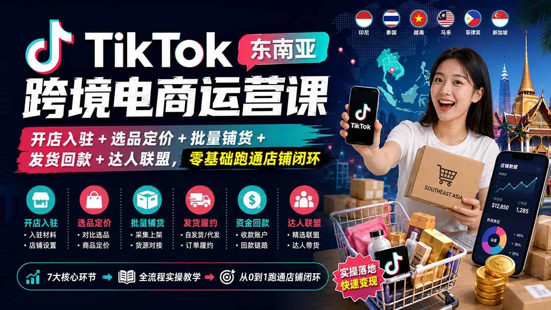 (20059期)TikTok东南亚跨境电商运营课:开店入驻+选品定价+批量铺货+发货回款+达人联盟,零基础跑通店铺闭环-星辰网创 - 网创副业项目资源站