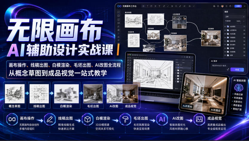 无限画布AI辅助设计实战课|画布操作、线稿出图、白模渲染、毛坯出图、AI改图全流程,从概念草图到成品视觉一站式教学-星辰网创 - 网创副业项目资源站