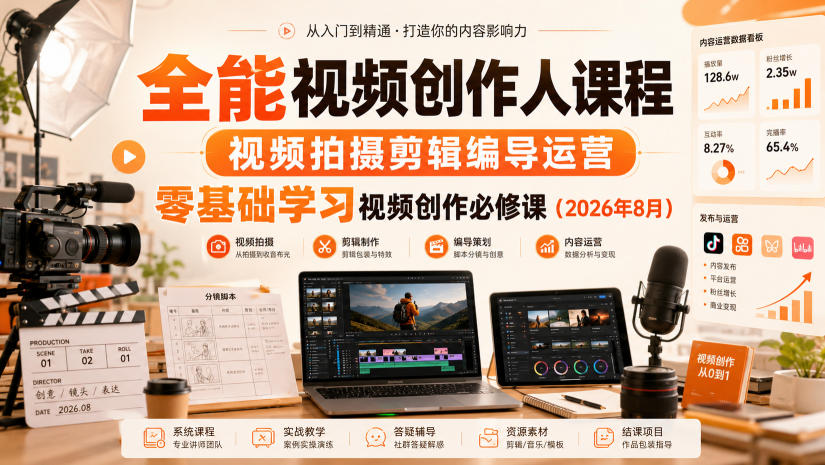 全能视频创作人课程,视频拍摄剪辑编导运营,零基础学习视频创作必修课(2026年8月)-星辰网创 - 网创副业项目资源站