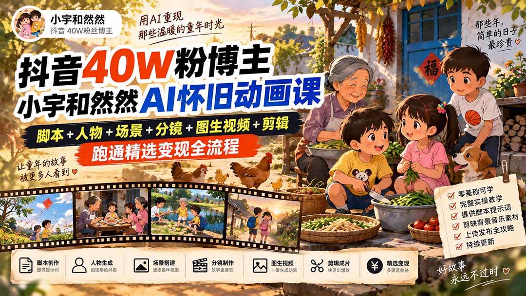 （20549期）抖音40W粉博主小宇和然然AI怀旧动画课｜脚本+人物+场景+分镜+图生视频+剪辑，跑通精选变现全流程-星辰网创 - 网创副业项目资源站