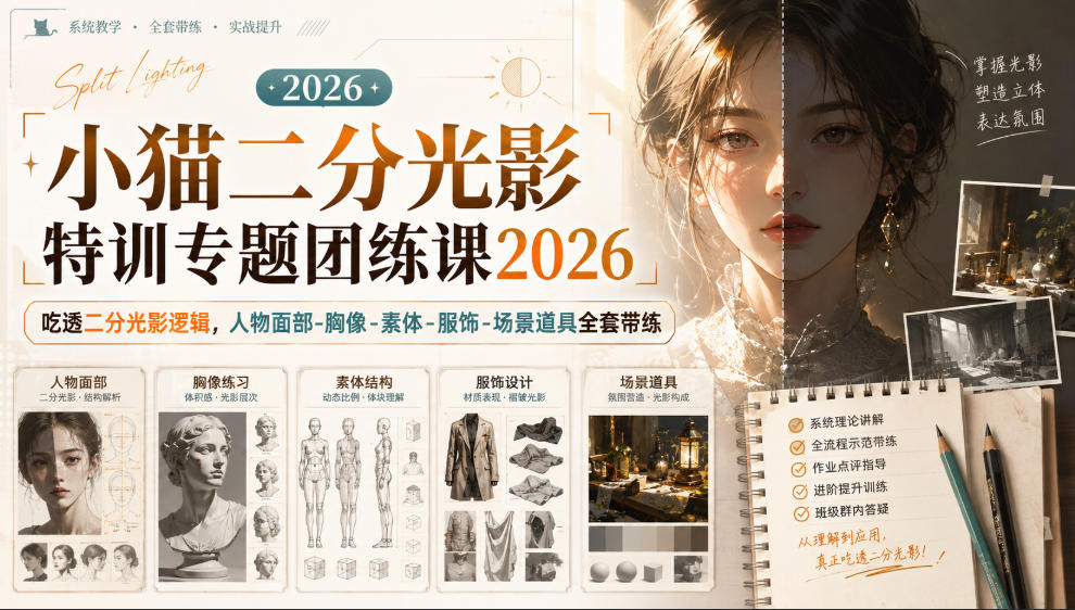 小猫二分光影特训专题团练课2026|吃透二分光影逻辑,人物面部‑胸像‑素体‑服饰‑场景道具全套带练,高清画质附赠课件与笔刷-星辰网创 - 网创副业项目资源站