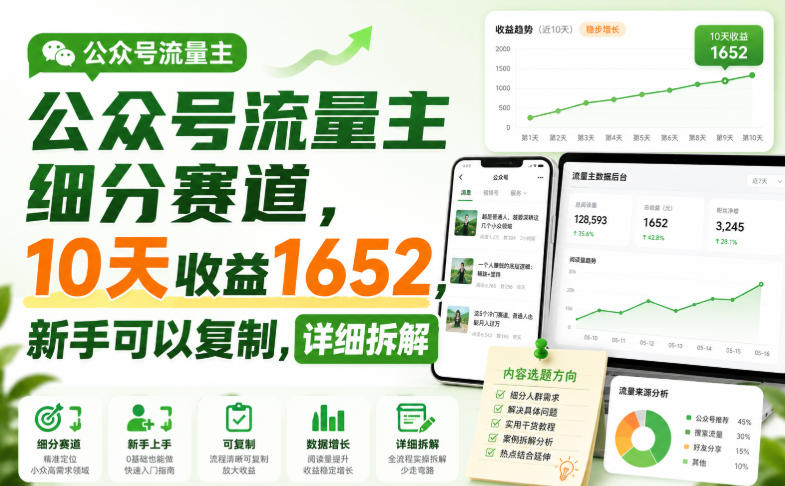 公众号流量主细分赛道,10天收益1652,新手可以复制,详细拆解-星辰网创 - 网创副业项目资源站