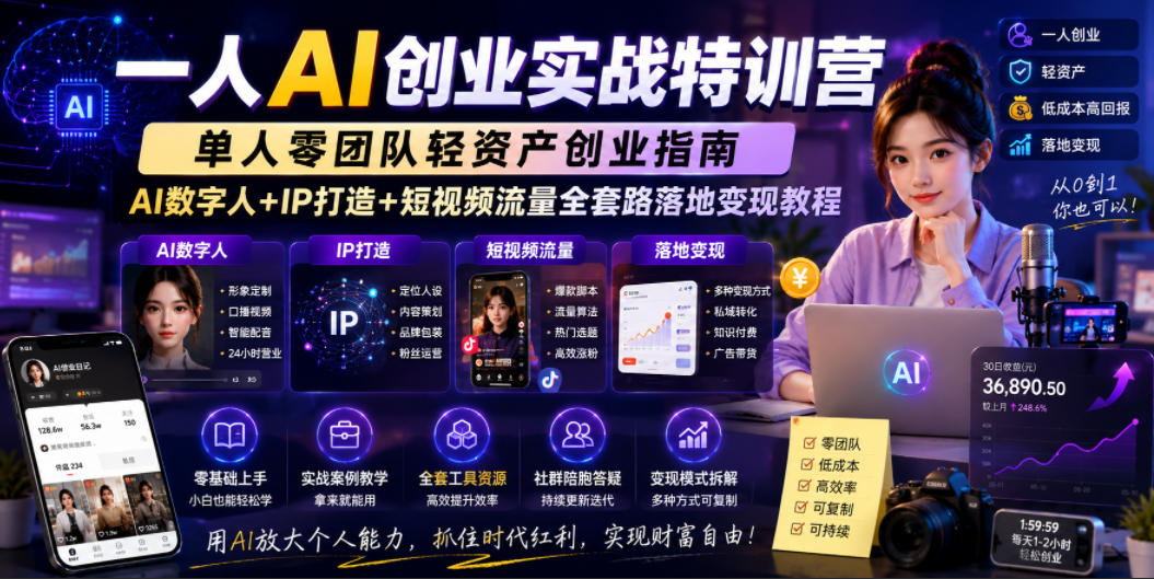 一人AI创业实战特训营，单人零团队轻资产创业指南，AI数字人+IP打造+短视频流量全套路落地变现教程 - 星辰网创 - 网创副业项目资源站-星辰网创 - 网创副业项目资源站