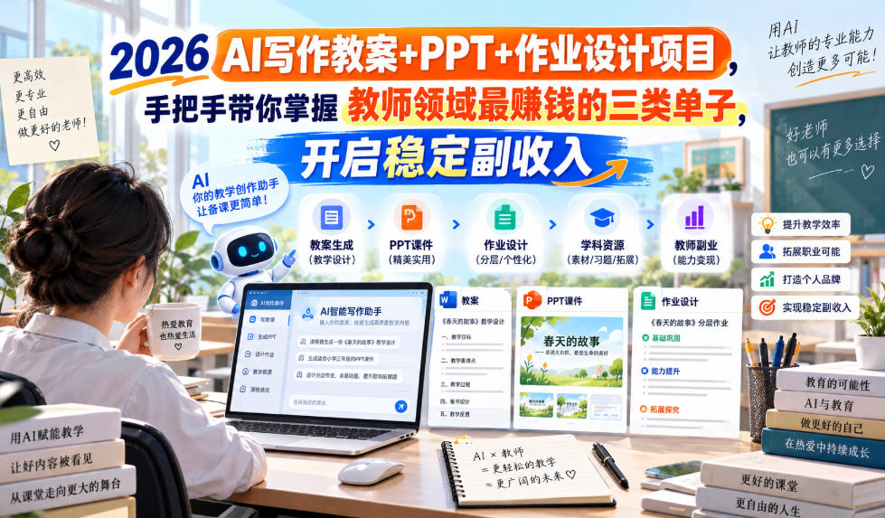 2026 AI写作教案+PPT+作业设计项目,手把手带你掌握教师领域最賺钱的三类单子,开启稳定副收入-星辰网创 - 网创副业项目资源站