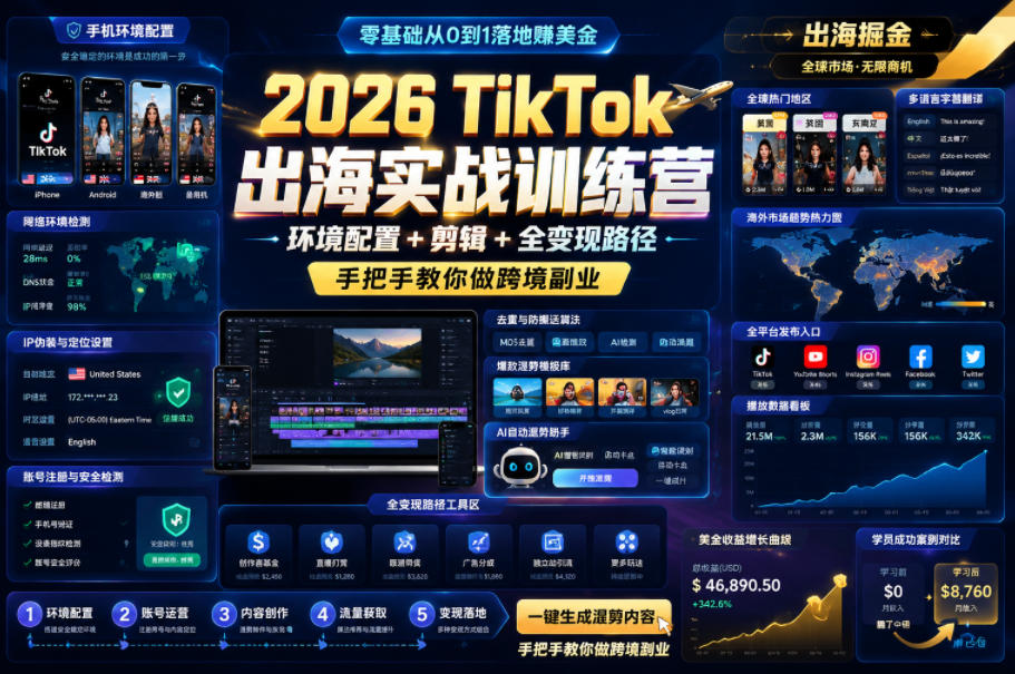 2026 TikTok出海实战训练营,环境配置 + 剪辑 + 全变现路径,手把手教你做跨境副业-星辰网创 - 网创副业项目资源站