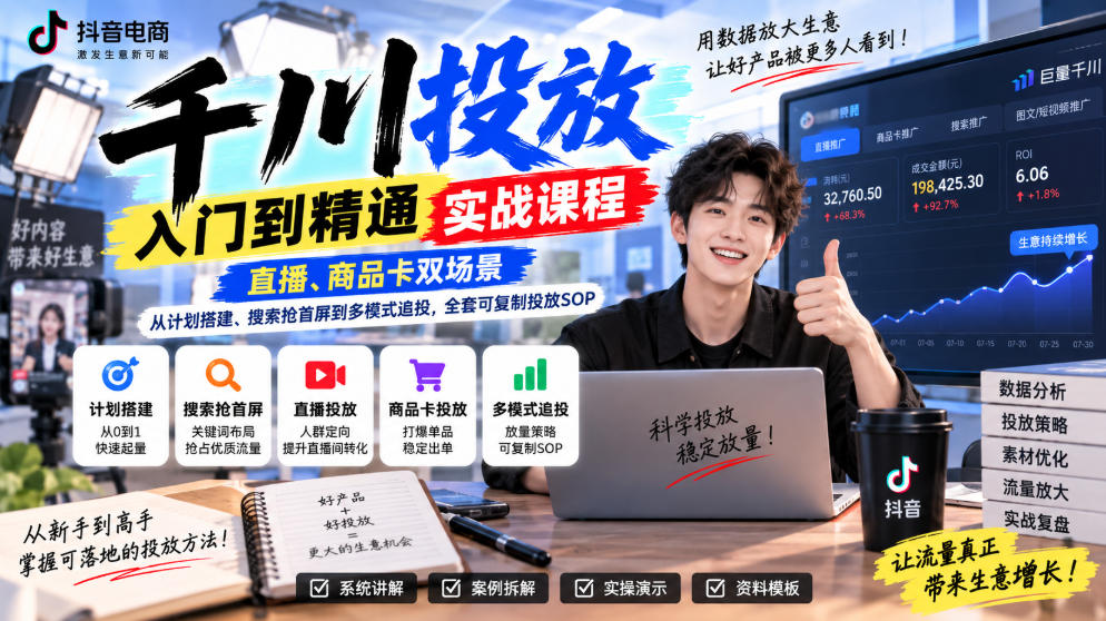 千川投放入门到精通实战课程，直播、商品卡双场景，从计划搭建、搜索抢首屏到多模式追投，全套可复制投放SOP-星辰网创 - 网创副业项目资源站