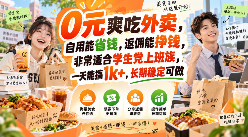 0元爽吃外卖,自用能省钱,返佣能挣钱,非常适合学生党上班族,一天能搞1k+,长期稳定可做-星辰网创 - 网创副业项目资源站