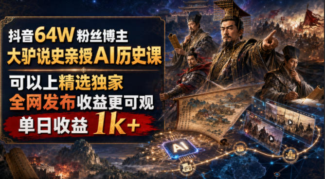 抖音64W粉丝博主大驴说史亲授AI历史课,可以上精选独家,全网发布收益更可观,单日收益1k+-星辰网创 - 网创副业项目资源站