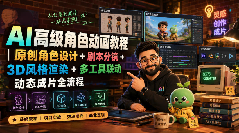 AI高级角色动画教程|原创角色设计+剧本分镜+3D风格渲染+多工具联动动态成片全流程【中英字幕】-星辰网创 - 网创副业项目资源站