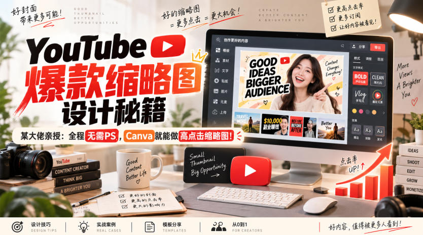 YouTube爆款缩略图设计秘籍,某油管大佬(610万订阅者)亲授,全程无需PS,Canva就能做高点击缩略图!【原创双语字幕】-星辰网创 - 网创副业项目资源站