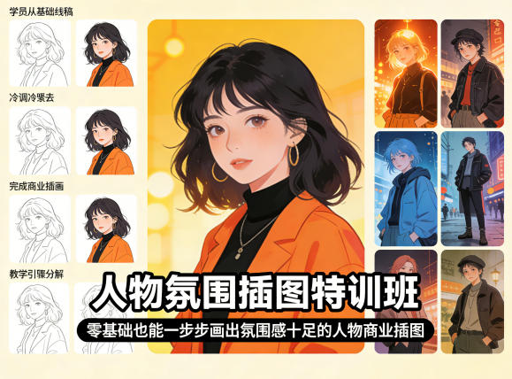 人物氛围插图特训班,零基础也能一步步画出氛围感十足的人物商业插图