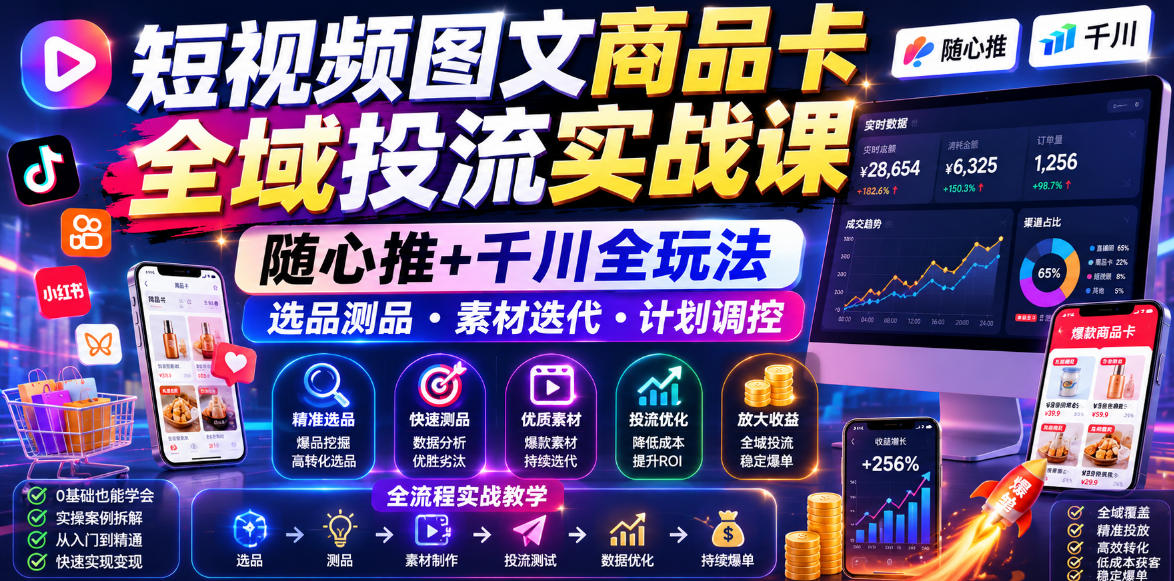 短视频图文商品卡全域投流实战课,随心推+千川全玩法,选品测品・素材迭代・计划调控,提升ROI爆单增收教程-星辰网创 - 网创副业项目资源站