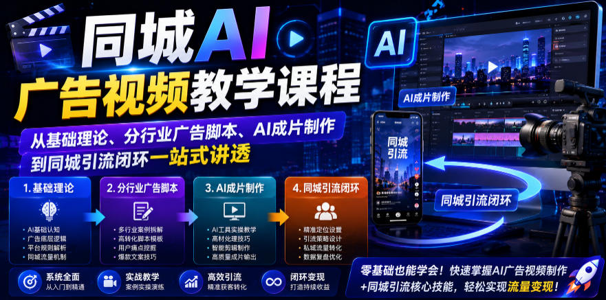 同城AI广告视频教学课程，从基础理论、分行业广告脚本、AI成片制作到同城引流闭环一站式讲透-星辰网创 - 网创副业项目资源站