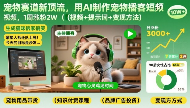 宠物赛道新顶流,用AI制作宠物播客短视频,1周涨粉2W(视频+提示词+变现方法)