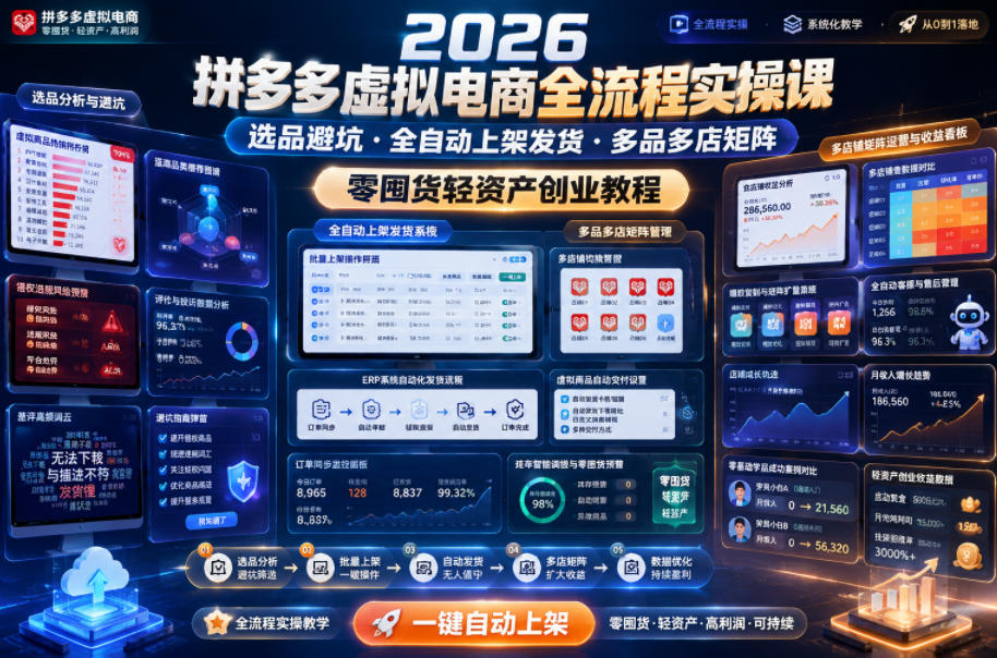2026拼多多虚拟电商全流程实操课,选品避坑・全自动上架发货・多品多店矩阵,零囤货轻资产创业教程-星辰网创 - 网创副业项目资源站