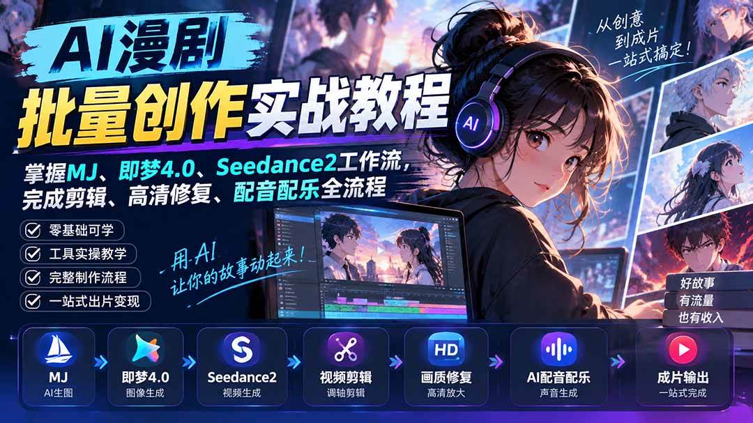(20488期)AI漫剧批量创作实战教程:掌握MJ、即梦4.0、Seedance2工作流,完成剪辑、高清修复、配音配乐全流程-星辰网创 - 网创副业项目资源站
