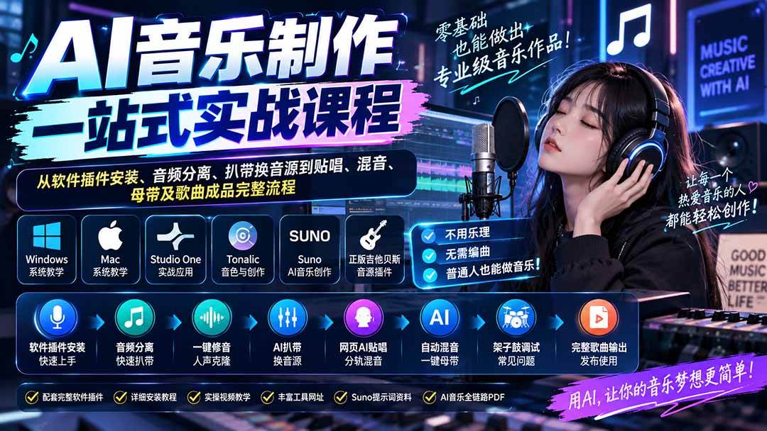(20490期)AI音乐制作一站式实战课程:从软件插件安装、音频分离、扒带换音源到贴唱、混音、母带及歌曲成品完整流程-星辰网创 - 网创副业项目资源站