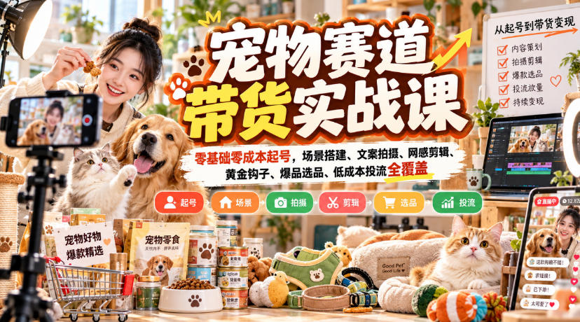 宠物赛道带货实战课，零基础零成本起号，场景搭建、文案拍摄、网感剪辑、黄金钩子、爆品选品、低成本投流全覆盖-星辰网创 - 网创副业项目资源站