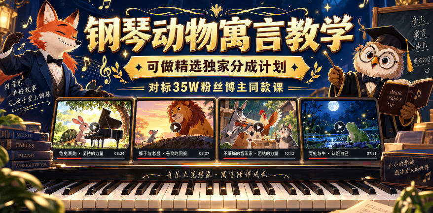 钢琴动物寓言教学，可做精选独家分成计划，对标35W粉丝博主同款课-星辰网创 - 网创副业项目资源站