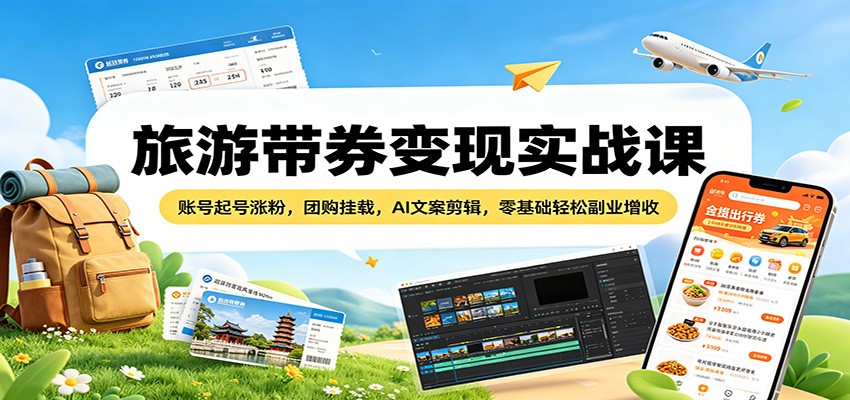 旅游带券变现实战课：账号起号涨粉，团购挂载，AI文案剪辑，零基础轻松副业增收 - 星辰网创 - 网创副业项目资源站-星辰网创 - 网创副业项目资源站