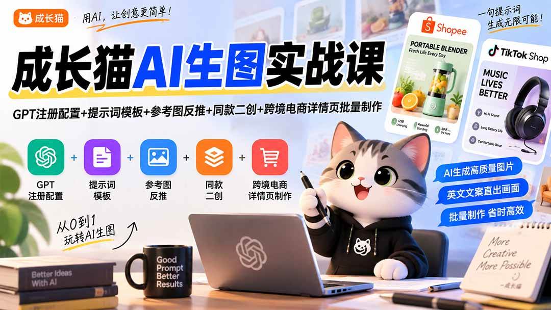 (20482期)成长猫AI生图实战课|GPT注册配置+提示词模板+参考图反推+同款二创+跨境电商详情页批量制作-星辰网创 - 网创副业项目资源站