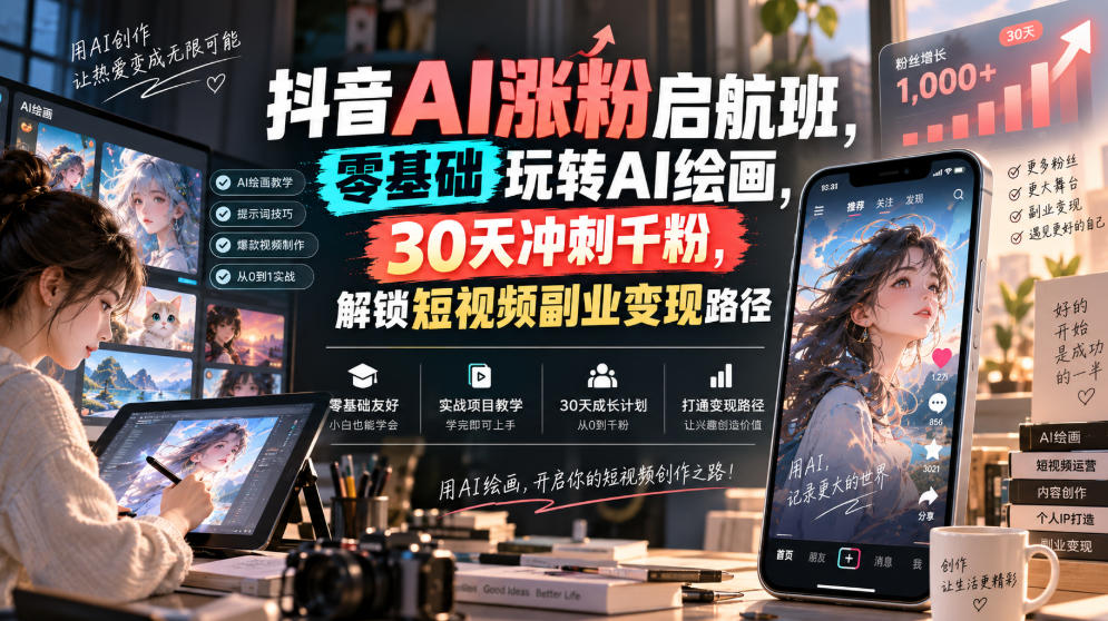 抖音AI涨粉启航班,零基础玩转AI绘画,30天冲刺千粉,解锁短视频副业变现路径-星辰网创 - 网创副业项目资源站