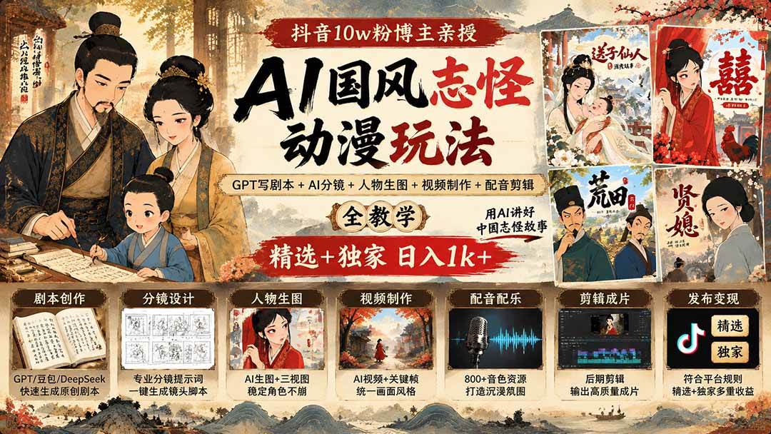 (20538期)抖音10w粉博主亲授AI国风志怪动漫玩法|GPT写剧本+AI分镜+人物生图+视频制作+配音剪辑全教学|精选+独家日入1k+-星辰网创 - 网创副业项目资源站