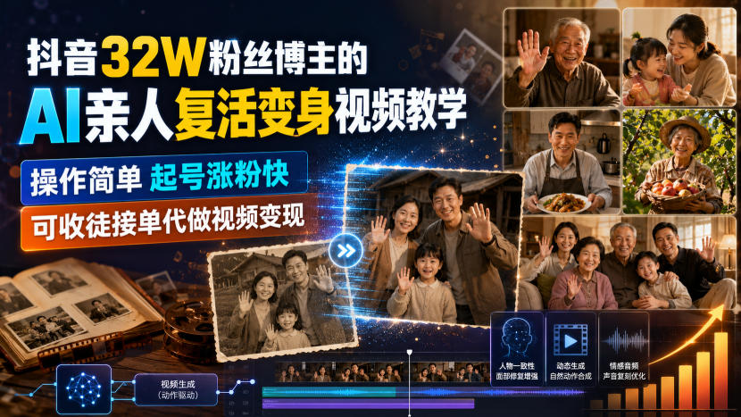 抖音32W粉丝博主的AI亲人复活变身视频教学,操作简单,起号涨粉快,可收徒接单代做视频变现-星辰网创 - 网创副业项目资源站