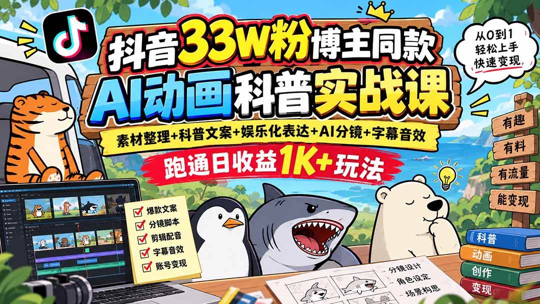 (20510期)抖音33W粉博主同款AI动画科普实战课|素材整理+科普文案+娱乐化表达+AI分镜+字幕音效,跑通日收益1K+玩法-星辰网创 - 网创副业项目资源站