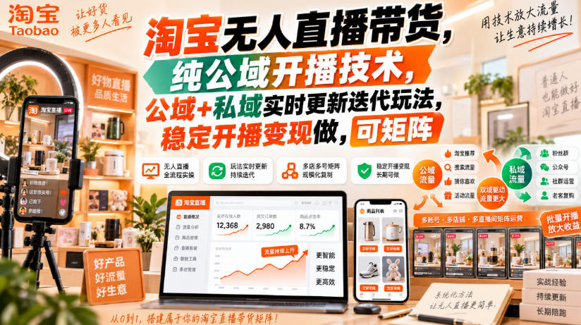 淘宝无人直播带货,纯公域开播技术,公域+私域实时更新迭代玩法,稳定开播变现做,可矩阵【揭秘】-星辰网创 - 网创副业项目资源站