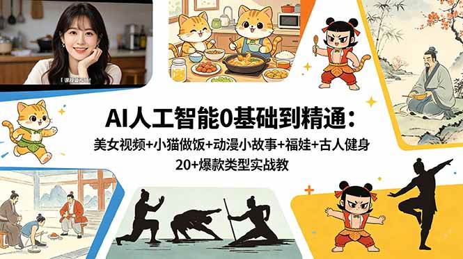 (18685期)AI人工智能0基础到精通:美女视频+小猫做饭+动漫小故事+福娃+古人健身,20+爆款类型实战教学-星辰网创 - 网创副业项目资源站
